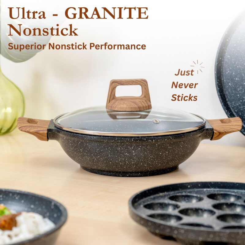 Kreme CeraStone Ultra Granite Nonstick Cookware Set 5 Pieces, Frying Pan 1.7L, Kadai 2.5L, Glass Lid and Wooden Cooking Spoons, PFOA Free, Induction Compatible, Made in India, Black - Image 3