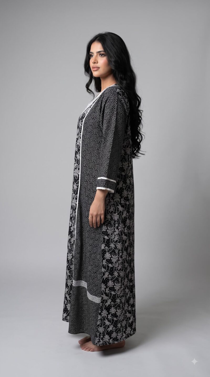 Evolove Farasha Kaftan Jalabiya Style Cotton Maxi Nighty for Women | V-Neck with Lace Trim | 3/4 Sleeves Full Length Nightdress, Black, XL - Image 3