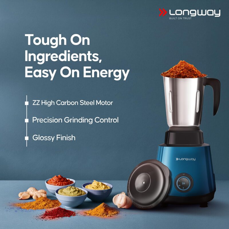 Longway Super Pro Juicer Mixer Grinder | Up to 750W Max Output Powerful Motor | 4 Jars for Grinding, Mixing, Juicing | 2 Years Warranty (Blue & Black) - Image 4
