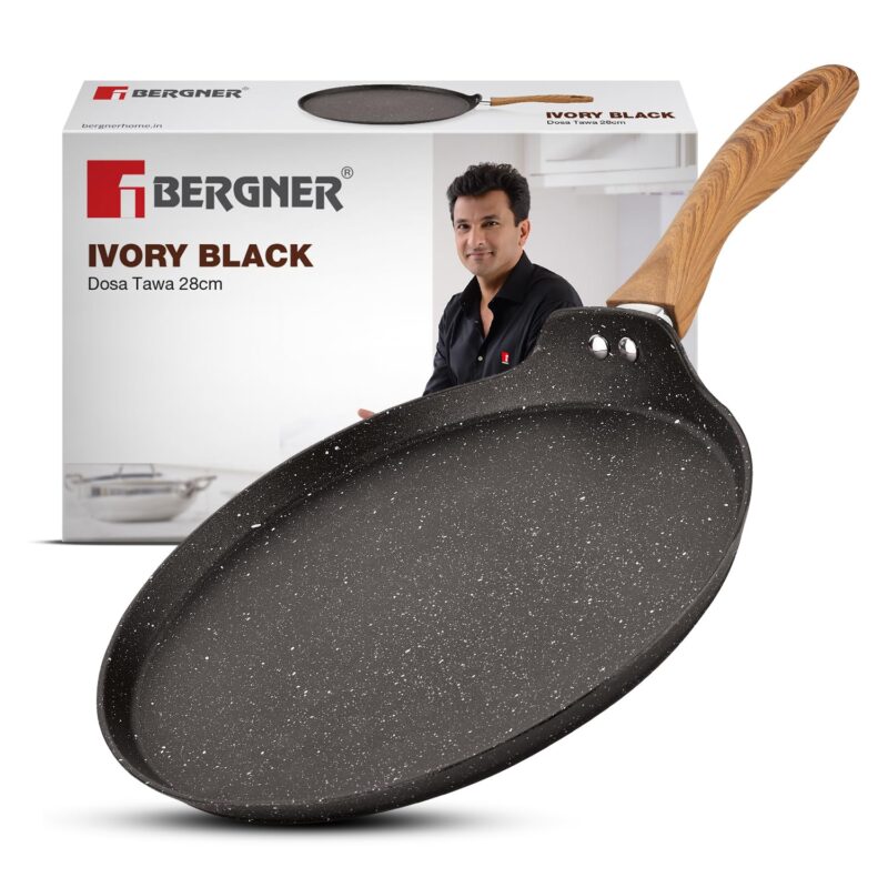 BERGNER Ivory Black Granite Non-Stick 28cm Dosa Tawa, 3-Layer Marble Healthy Non-Stick Coating, Forged Aluminium, PFOA Free, Non Toxic, Large Flat Dosa Tawa, Induction and Gas Stove Ready - Black