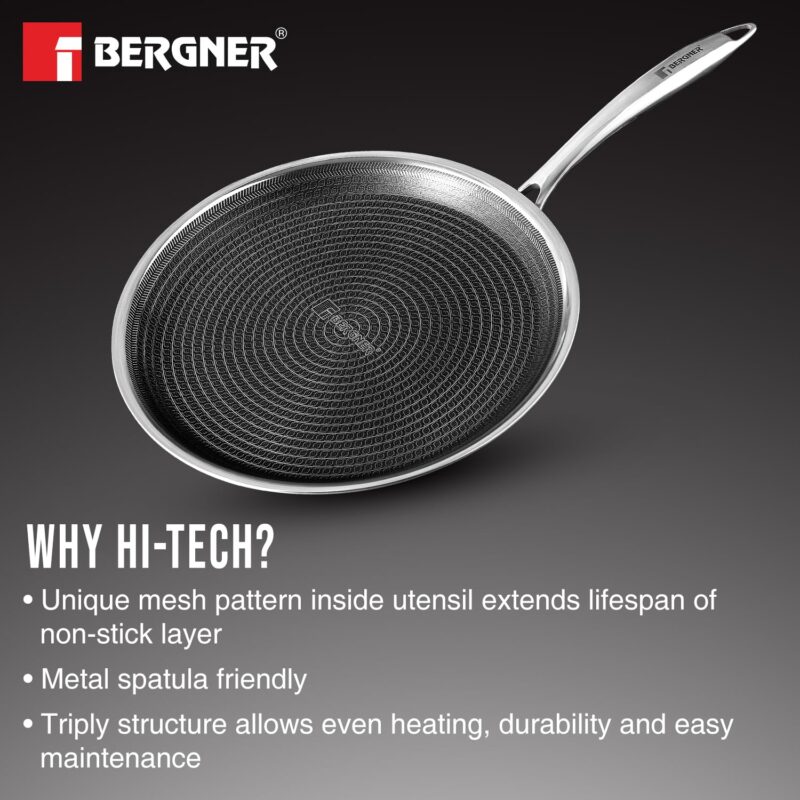 BERGNER Hi-Tech Giro Triply Stainless Steel 30cm Dosa Tawa, Honeycomb Mesh Non-Stick Coating, PFOA Free, Even Heat Distribution, Sturdy and Durable Stay Cool Handle - Induction and Gas Stove Ready - Image 5