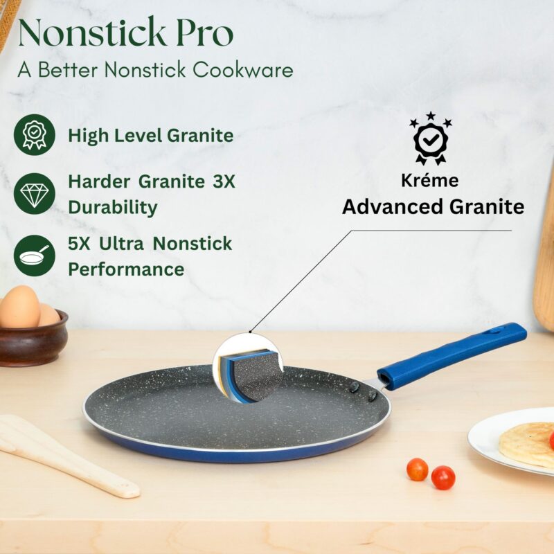 Kreme Aluminium Non-Stick Dosa Tawa | Granite Finish | Gas and Induction Compatible | PFOA Free | High Temperature Resistant Exterior Coating | Sturdy Soft Touch Handle | ISI Certified | 28 Cm | Blue - Image 3