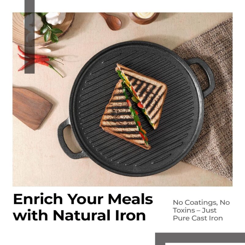 Lifelong Cast Iron 2-in-1 Dosa Tawa & Grill with Wooden Spatula (30cm) | Double-Sided Tawa/Pan for Roti, Dosa, Chapati, Fish & Steak | Naturally Nonstick, Gas & Induction Cookware | Reversible Cooking - Image 7