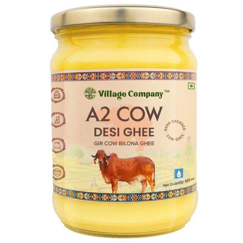 Village Company Certified Organic A2 Gir Cow Ghee 500ml | Vedic Bilona Method | Curd-Churned A2 Desi Cow Ghee | Gir Cow Ghee | Grassfed, Pure, Natural & Healthy | Certified Lab Tested | Glass Bottle 500ml
