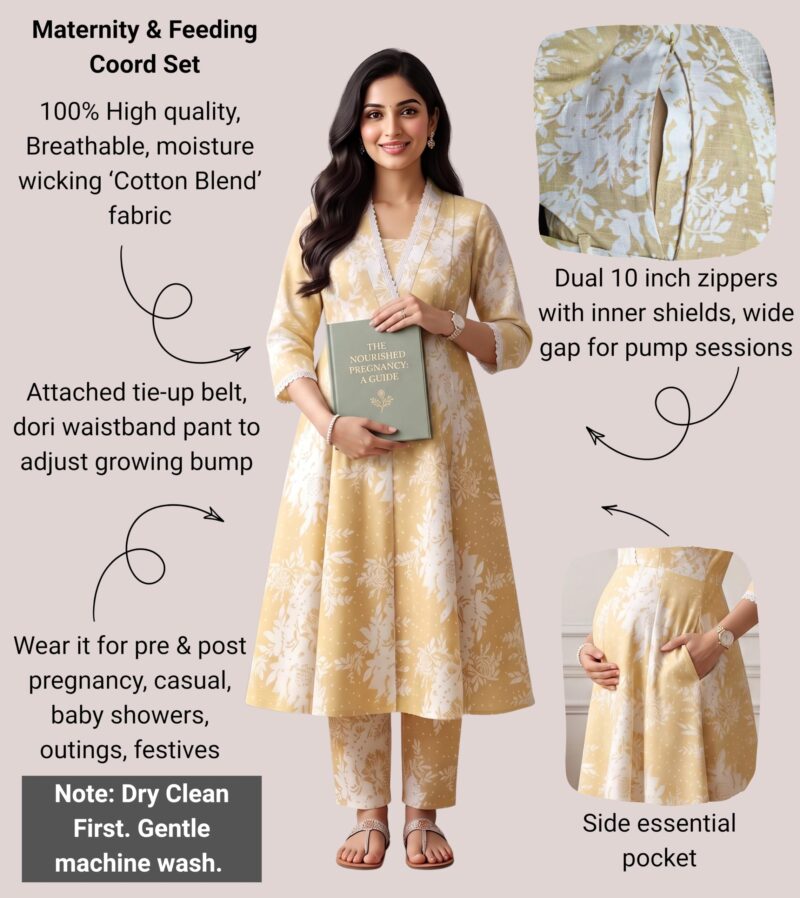 DUMMY SHAPE Maternity Dresses For Women Cotton Blend | Floral Anarkali Feeding Kurta Pant Cord Set With Nursing Zippers, Side Pocket | Pregnant & Breastfeeding Suit | Baby Shower | Pregnancy Mom Gifts - Image 3