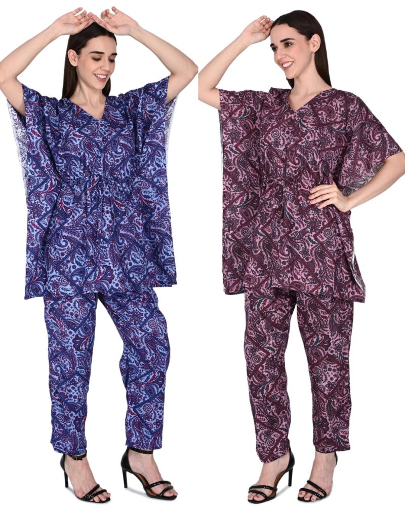 Bresdk Women Cotton Printed Kaftan Top & Pyjama Nightwear Set | Pack of 2 | Free Size Lounge Wear | Soft Breathable Fabric | One Side Pocket (Blue,Purple, Free Size)