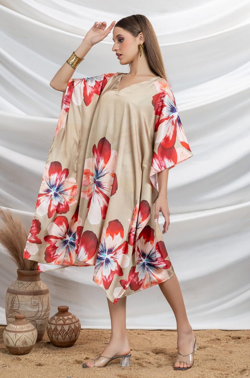 Label Aarna Premium Soft Satin Kaftan Dress for Women | Digital Print | Free Size (M-3XL) | Hidden Adjustable Belt | Sunset Resort Dress | Chic | Coverup - Image 2