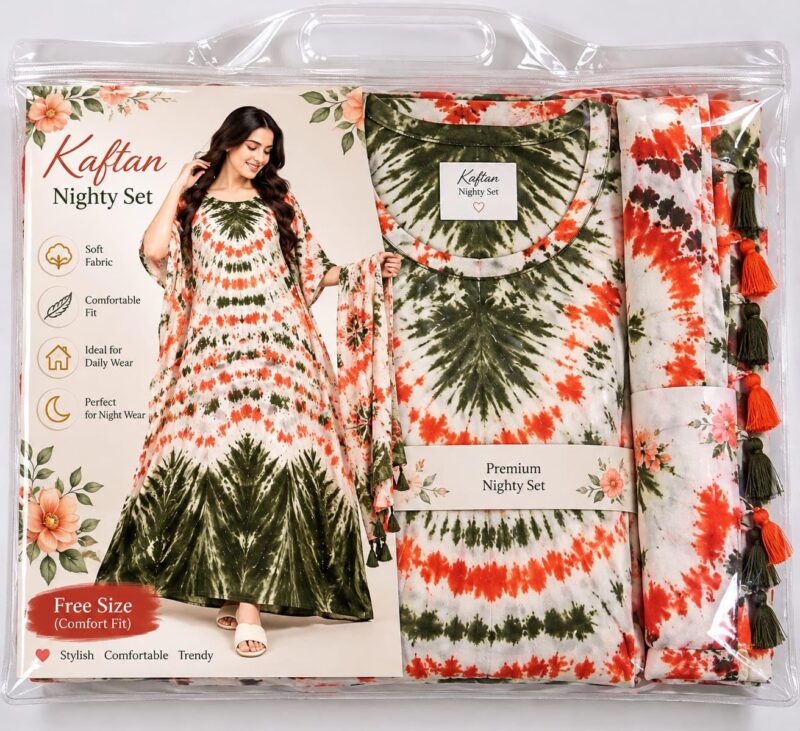 Tie-Dye Kaftan Nighty Set with Dupatta, Free Size - Image 3