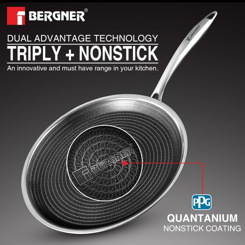 BERGNER Hi-Tech Giro Triply Stainless Steel 30cm Dosa Tawa, Honeycomb Mesh Non-Stick Coating, PFOA Free, Even Heat Distribution, Sturdy and Durable Stay Cool Handle - Induction and Gas Stove Ready - Image 3