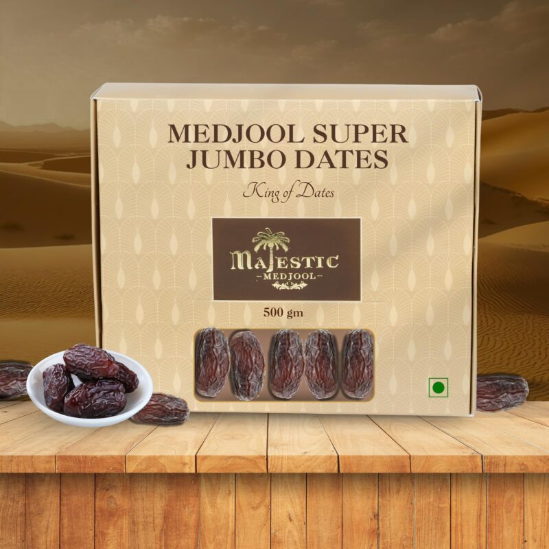 Majestic Medjool Dates – Super Jumbo | Premium Palestine Khajoor | 500g Gift Pack for Snacking & Gifting | 100% Natural, Organic & FSSAI Certified | Soft, Juicy, Handpicked | High in Fiber & Antioxidants | No Added Sugar or Preservatives | Energy Booster