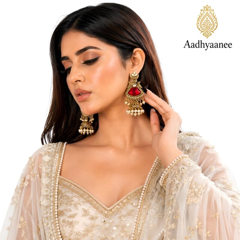 Aadhyaanee Traditional Jhumka Earrings for Women – Antique Finish Ethnic Dangle Earrings with Pearl Drops, Designer Ocasional Wear Wedding Jewellery, Statement Long Earrings for Lehenga Saree (Ruby Red Antique Gold) - Image 3