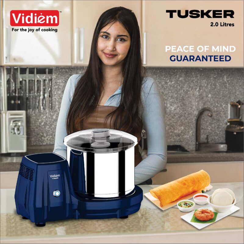 Vidiem Tusker 2.0L Table Top Wet Grinder | 200W Power Max Motor | Twin Wipers, Metal Chassis, Easy Lock | Stainless Steel Shaft | Polycarbonate Lid | 5-Year Motor Warranty - Image 2