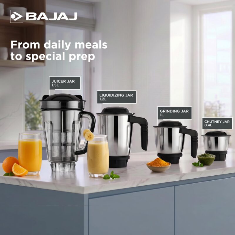 Bajaj Military Series Rex 750W 4 Jar Mixer Grinder | DuraCut Blades | 2-In-1 Function Blade In Dry Jar | 2 Yrs Warranty 【Red/Black】 - Image 4