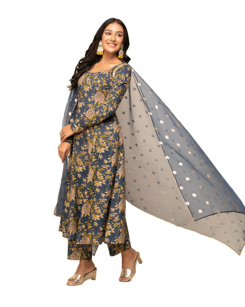 FIORRA Women's Navy Blue Cotton A-line Kurta with Pant and Dupatta SET0112 - Image 4
