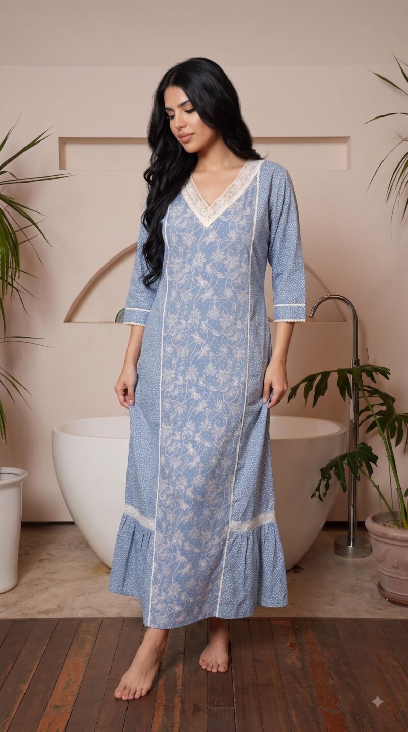 Evolove Farasha Kaftan Jalabiya Style Cotton Maxi Nighty for Women | V-Neck with Lace Trim | 3/4 Sleeves Full Length Nightdress, Sky Blue, L - Image 7