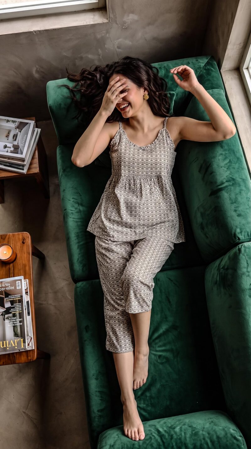Evolove x Venus Rayon Slub Floral Capri Pajama Set for Women | V-Neck Short Sleeve Top & Capri Pants | Night Suit, Grey, M - Image 5