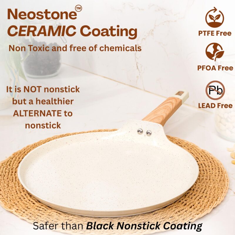 Kreme Ceracook Ceramic Coated Granite Flat Tawa 28cm, ISI Certified Dosa Tawa, Forged Aluminium Body, Gas & Induction Compatible, Non Toxic Tawa PFAS & PTFE Free, 1 Year Warranty, Ivory - Image 3