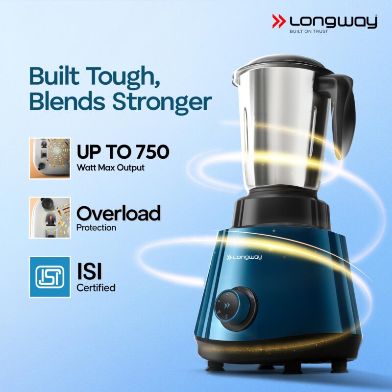 Longway Super Pro Juicer Mixer Grinder | Up to 750W Max Output Powerful Motor | 4 Jars for Grinding, Mixing, Juicing | 2 Years Warranty (Blue & Black) - Image 3