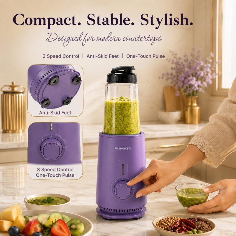The Better Home Fumato Nutri Blender & Mixer Grinder | 3 Unbreakable BPA Free Jars, Smoothie, Masala, Chutney | 2 Stainless Steel Blades | 3-Speed 100% Copper Motor | 1 Yr Warranty (Purple) - Image 5