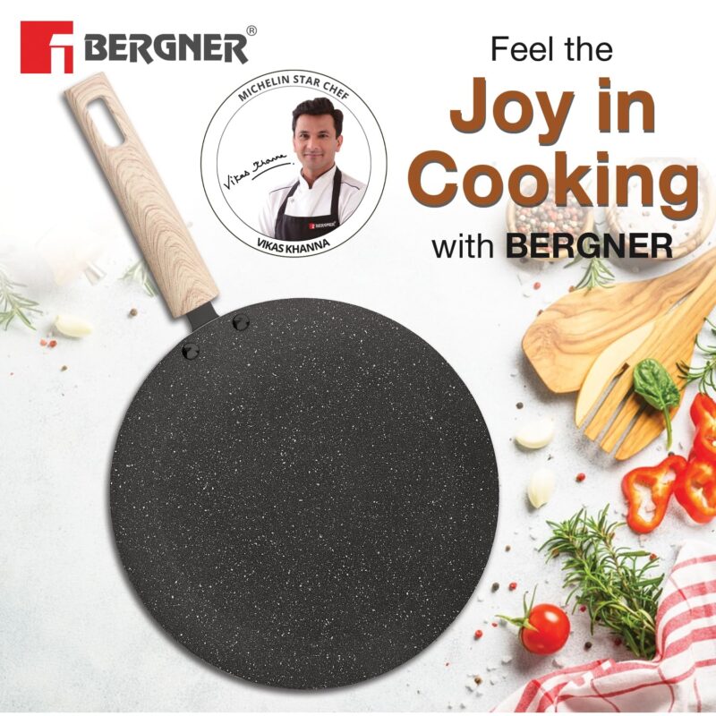 BERGNER Earth Black Non-Stick 26 cm Concave Roti Tawa, Wooden Finish Soft Touch Handle, 3mm Thickness, Even Heat Distribution, White Marble Splatter - Induction Bottom and Gas Ready - Image 2