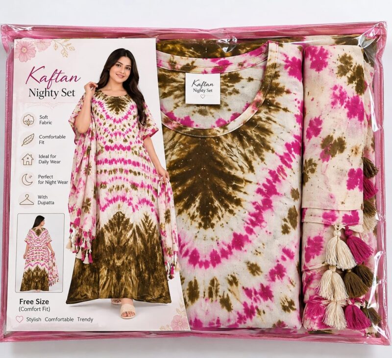 Tie-Dye Kaftan Nighty Set with Dupatta, Free Size - Image 3