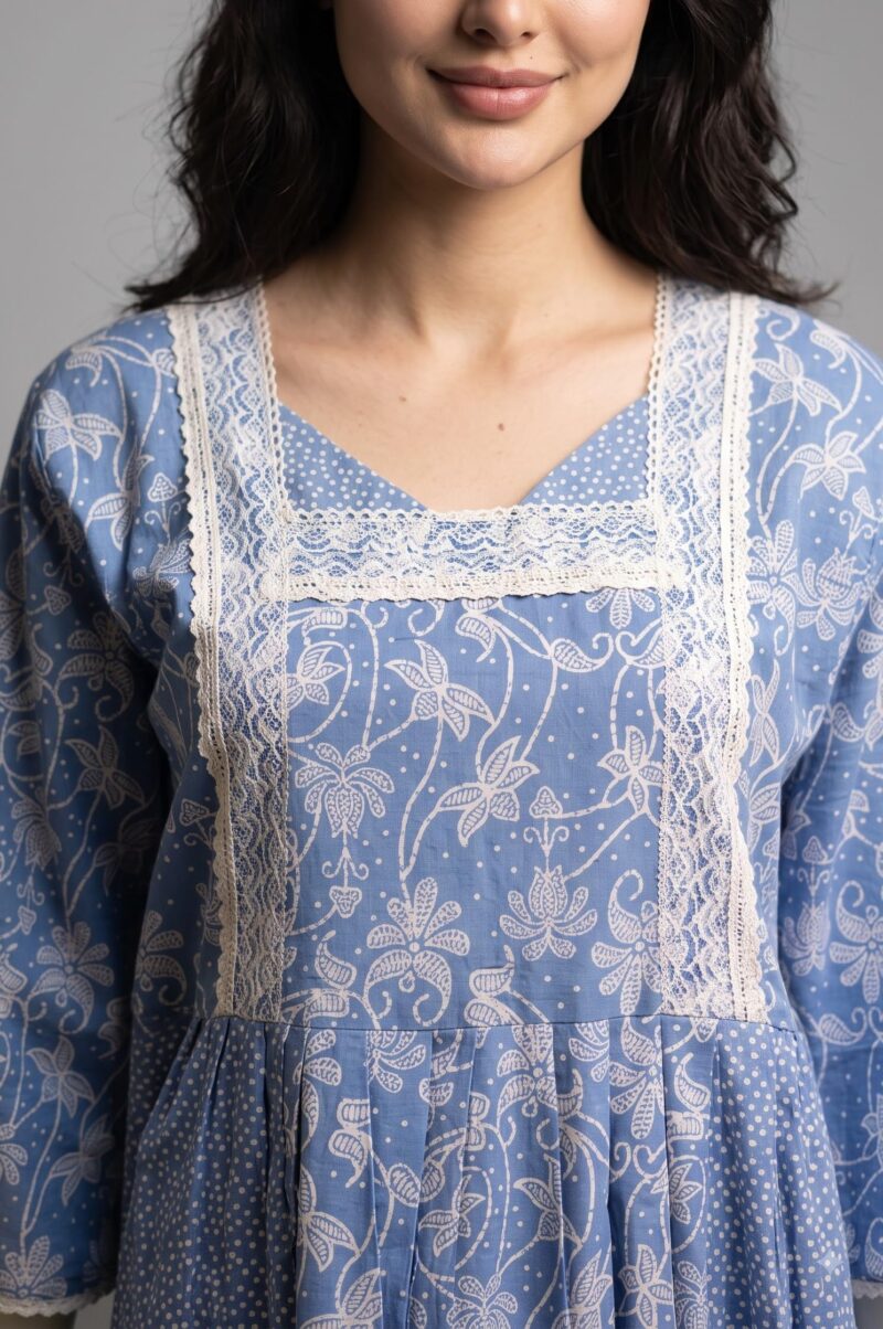 Evolove Farasha Kaftan Jalabiya Style Cotton Maxi Nighty for Women | V-Neck with Lace Trim | 3/4 Sleeves Full Length Nightdress, Light Blue, L - Image 4