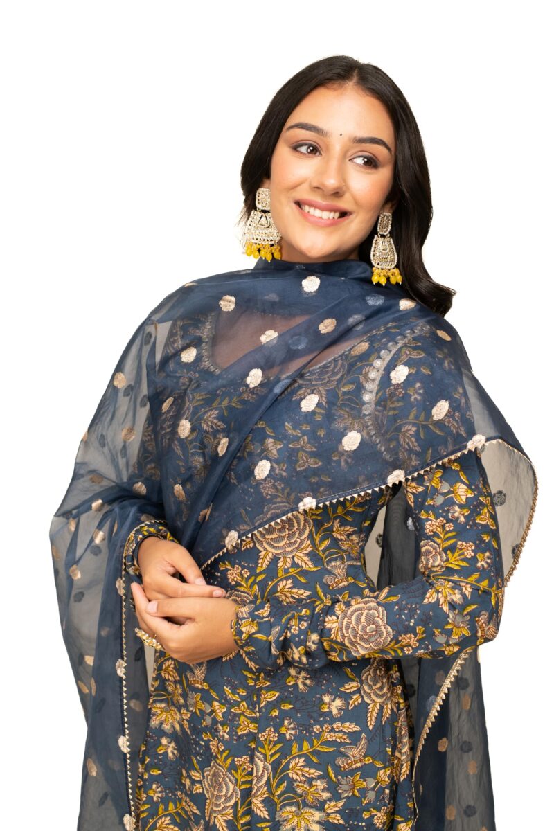 FIORRA Women's Navy Blue Cotton A-line Kurta with Pant and Dupatta SET0112 - Image 5