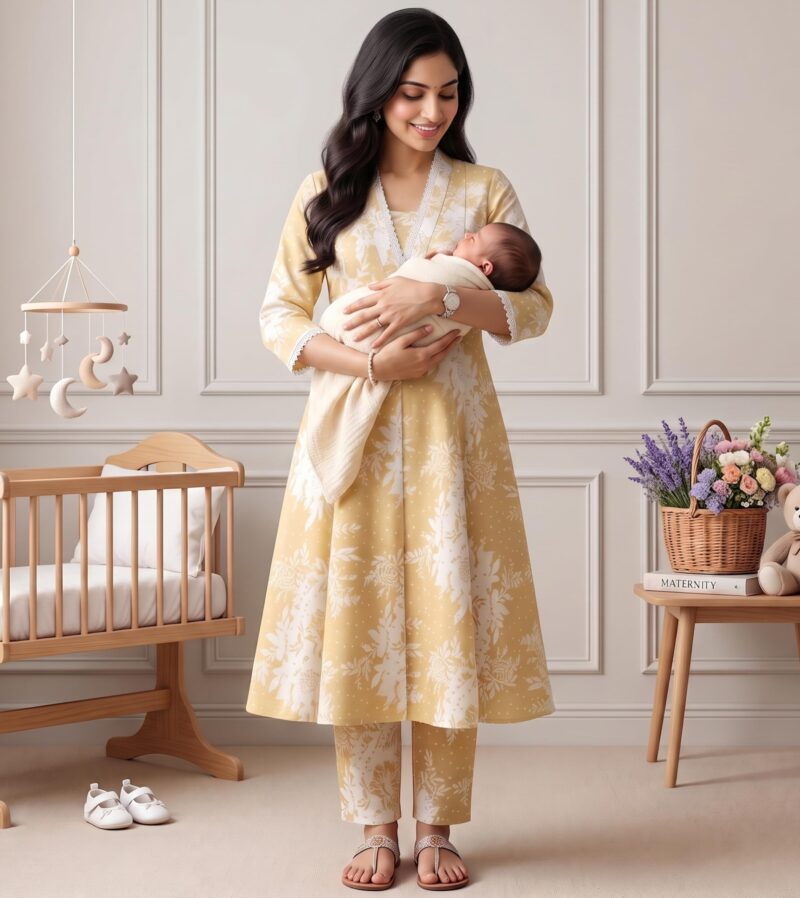 DUMMY SHAPE Maternity Dresses For Women Cotton Blend | Floral Anarkali Feeding Kurta Pant Cord Set With Nursing Zippers, Side Pocket | Pregnant & Breastfeeding Suit | Baby Shower | Pregnancy Mom Gifts - Image 2