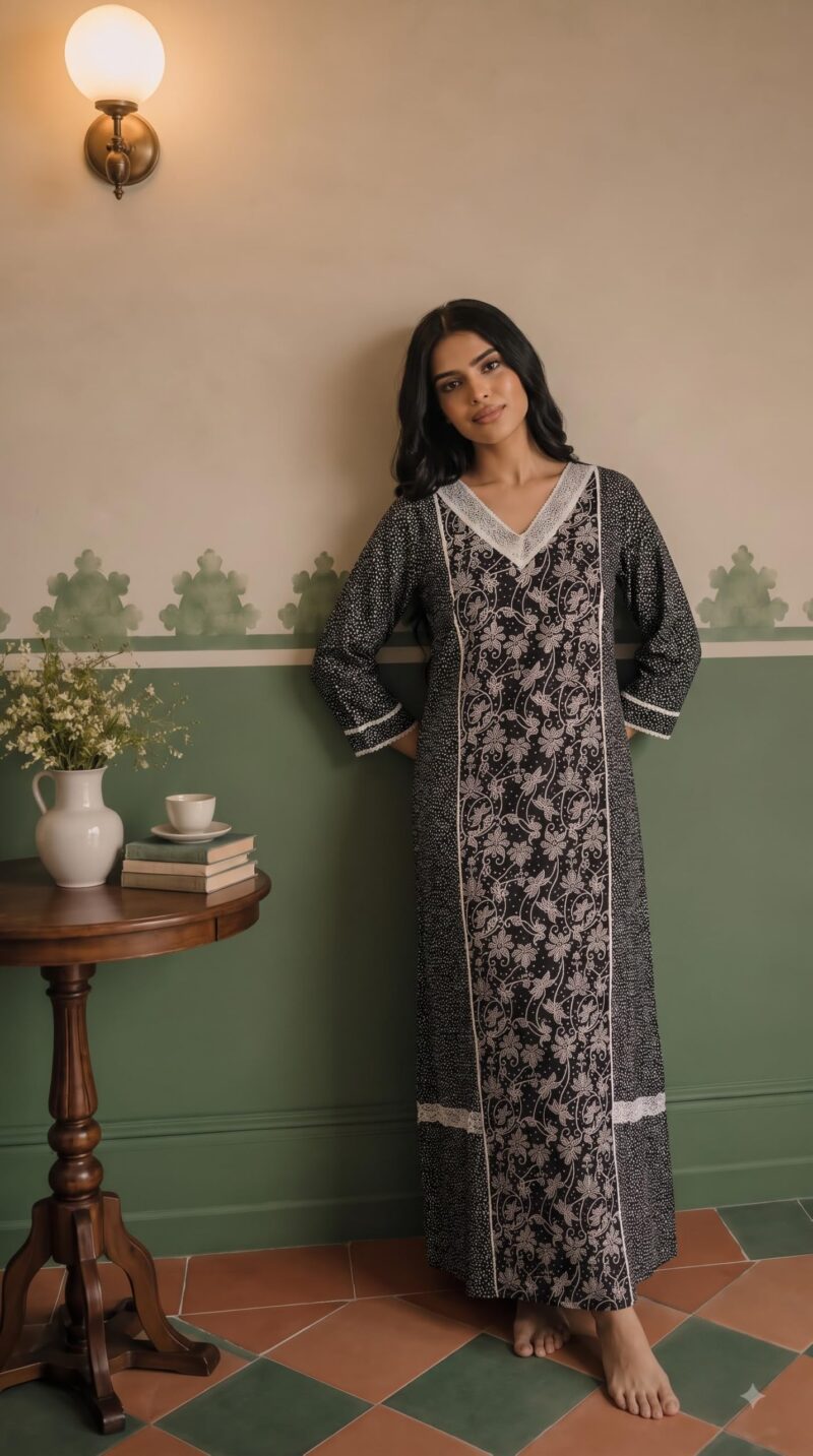 Evolove Farasha Kaftan Jalabiya Style Cotton Maxi Nighty for Women | V-Neck with Lace Trim | 3/4 Sleeves Full Length Nightdress, Black, L - Image 6
