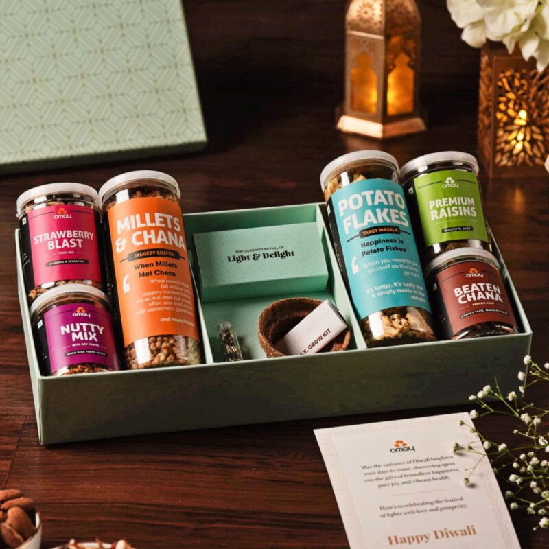 Omay Foods 10 Pcs Green Diwali Gift Box I Diwali Hamper for Corporates & Clients I Diwali Gift for Friends & Family I Roasted Dryfruits, Healthy Snacks, DIY Grow Kit, Candles I Premium Festive Hamper