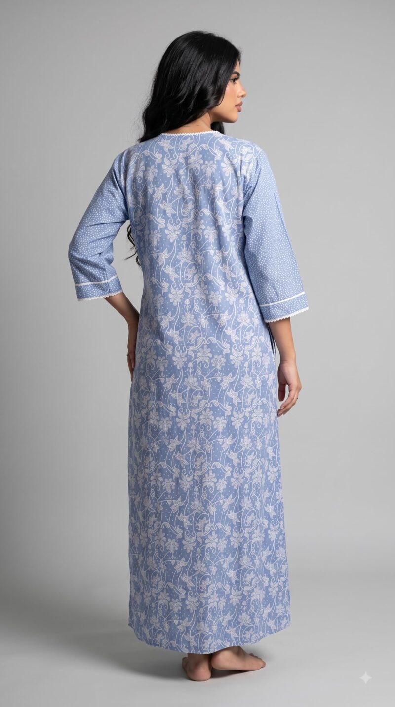 Evolove Farasha Kaftan Jalabiya Style Cotton Maxi Nighty for Women | V-Neck with Lace Trim | 3/4 Sleeves Full Length Nightdress, Sky Blue, L - Image 2