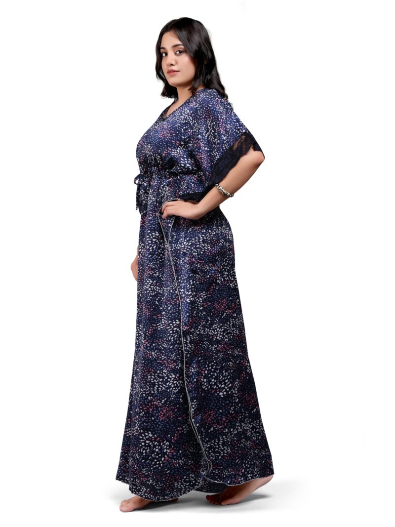 EliteZilla Kaftan Nighty| Nighty for Women Stylish| Night Gown for Women Stylish| Malai Satin Soft Fabric| Easy Front Zip| Relaxed Free Size Fit with Drawstring| Midnight Blue - Image 9