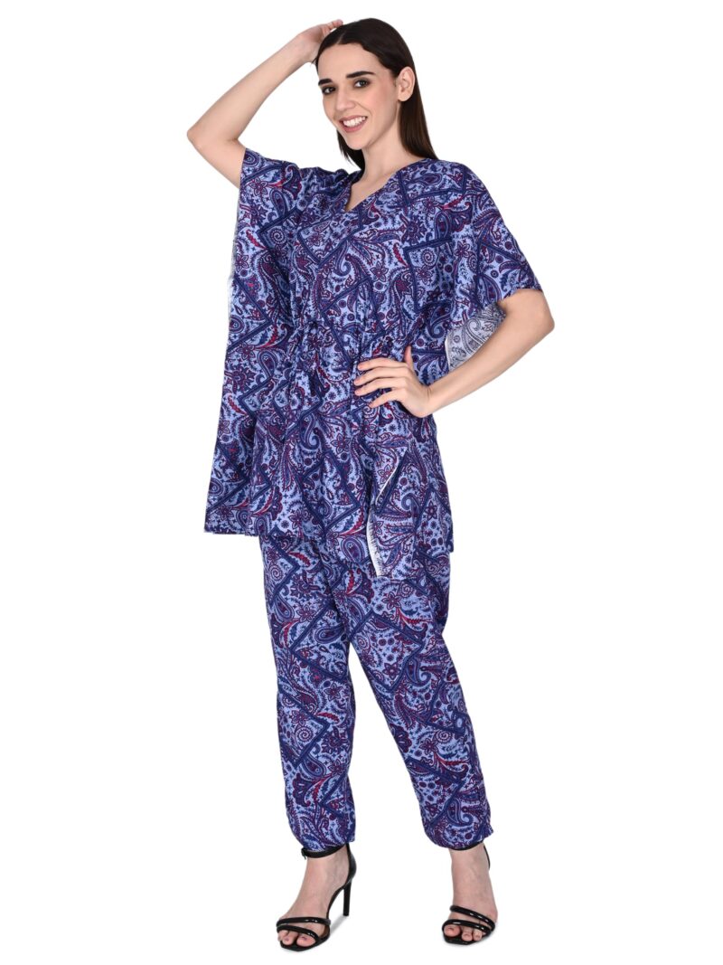 Bresdk Women Cotton Printed Kaftan Top & Pyjama Nightwear Set | Pack of 2 | Free Size Lounge Wear | Soft Breathable Fabric | One Side Pocket (Blue,Rani, Free Size) - Image 5
