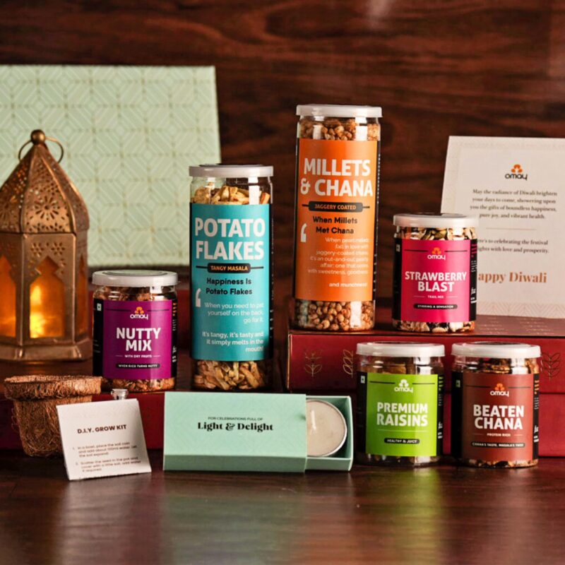 Omay Foods 10 Pcs Green Diwali Gift Box I Diwali Hamper for Corporates & Clients I Diwali Gift for Friends & Family I Roasted Dryfruits, Healthy Snacks, DIY Grow Kit, Candles I Premium Festive Hamper - Image 2