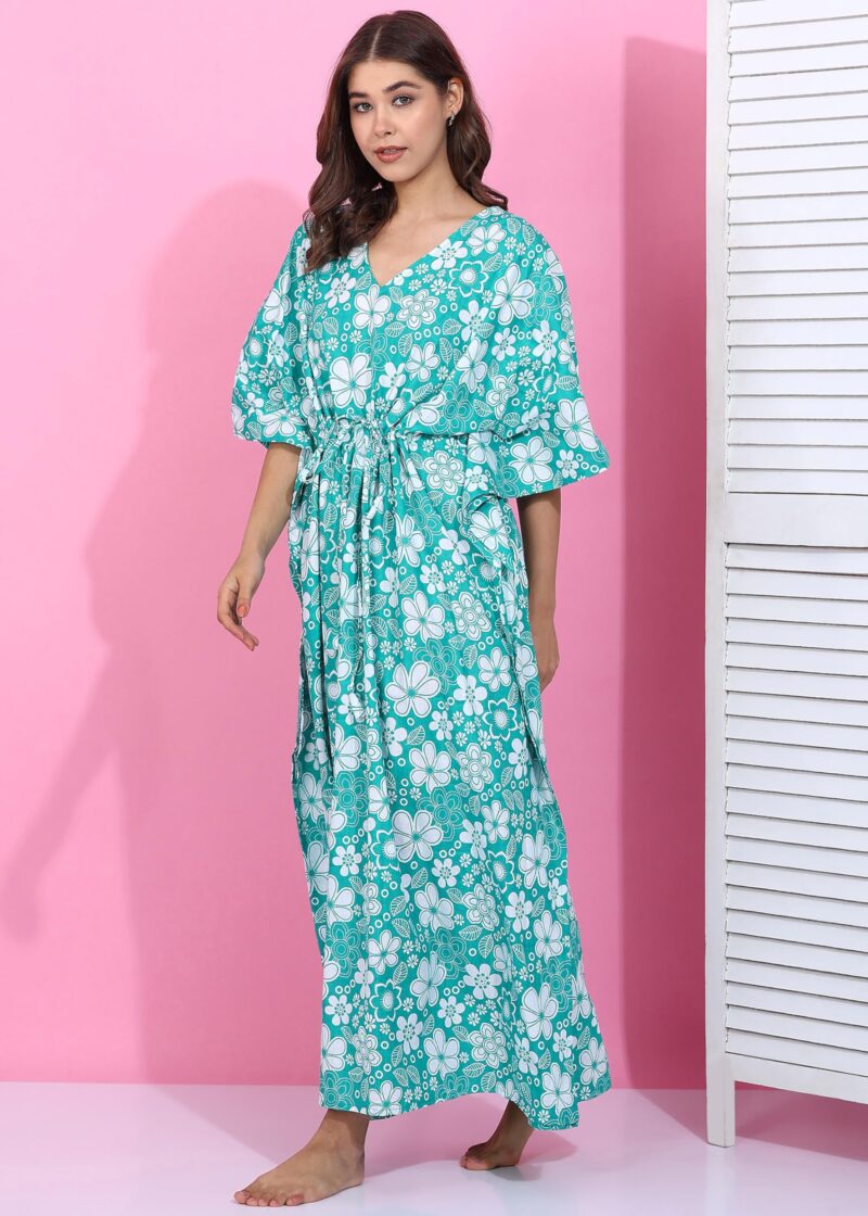 Vlazom Women’s Floral Jispuri Print Cotton Kaftan | Free Size V-Neck Drawstring Maxi Dress | Lounge, Beach & Resort Wear (Rama, Free Size) - Image 3