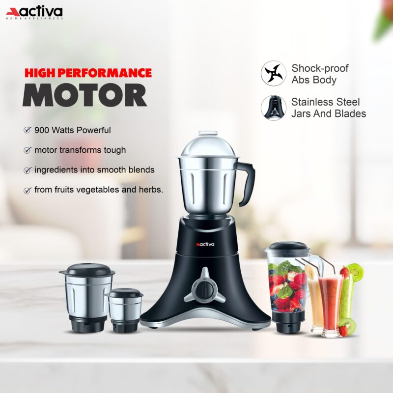 ACTIVA ABS Super Chef 900 Watts Powerful Motor Mixer Grinder 4 Jars For Chutney, Juice and Shakes, Fast Grinding for Wet & Dry Ingridients, Stainless Blade, 2 Years Warranty - Black - Image 2