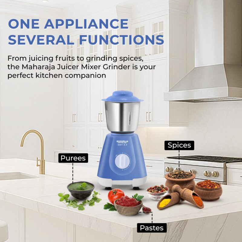 Maharaja Whiteline Smart 123 Mixer Grinder | 500-watt | 20000 RPM Motor Speed | Air Ventilation System | Stainless-Steel Jars & Blades | Unique Jar Flow Breakers| 2 Year Motor Warranty |Blue - Image 6