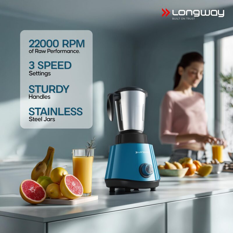 Longway Super Pro Juicer Mixer Grinder | Up to 750W Max Output Powerful Motor | 4 Jars for Grinding, Mixing, Juicing | 2 Years Warranty (Blue & Black) - Image 6