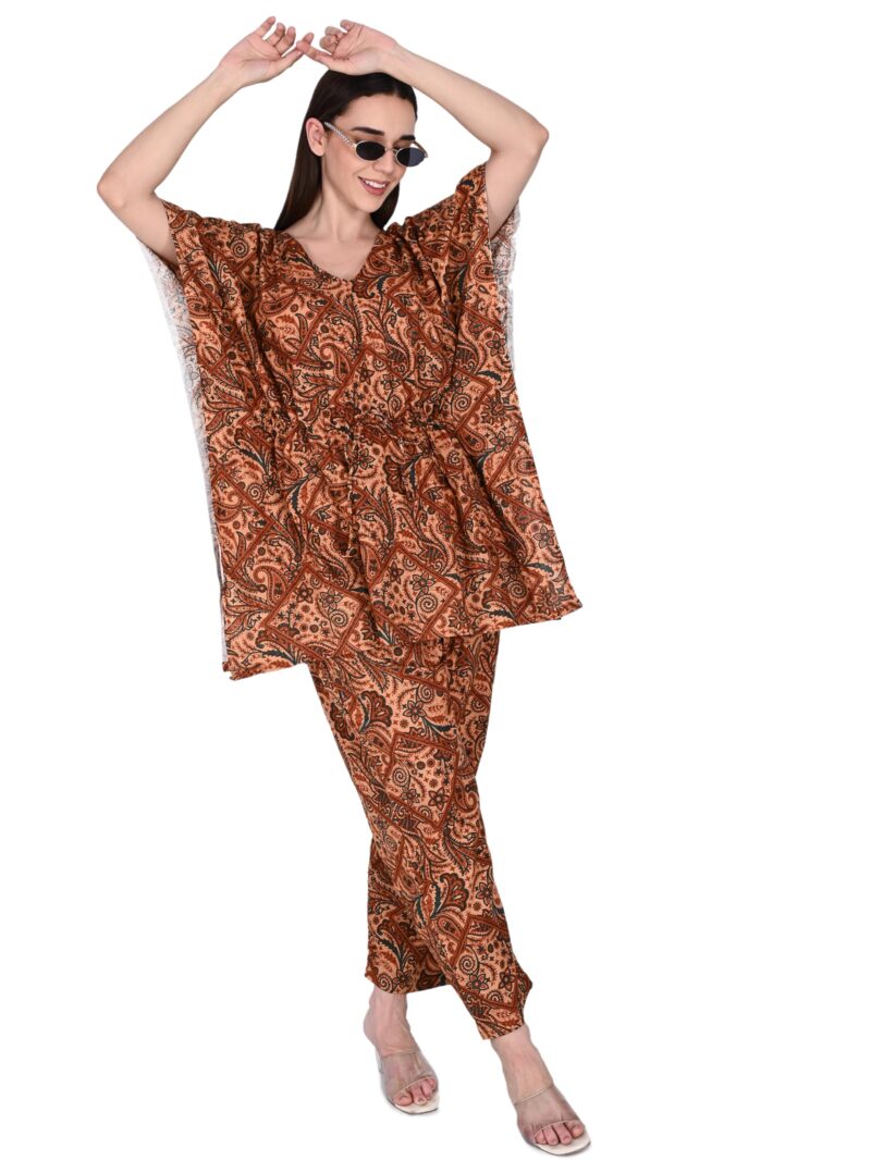 Bresdk Women Cotton Printed Kaftan Top & Pyjama Nightwear Set | Pack of 2 | Free Size Lounge Wear | Soft Breathable Fabric | One Side Pocket (Yellow,Rani, Free Size) - Image 4