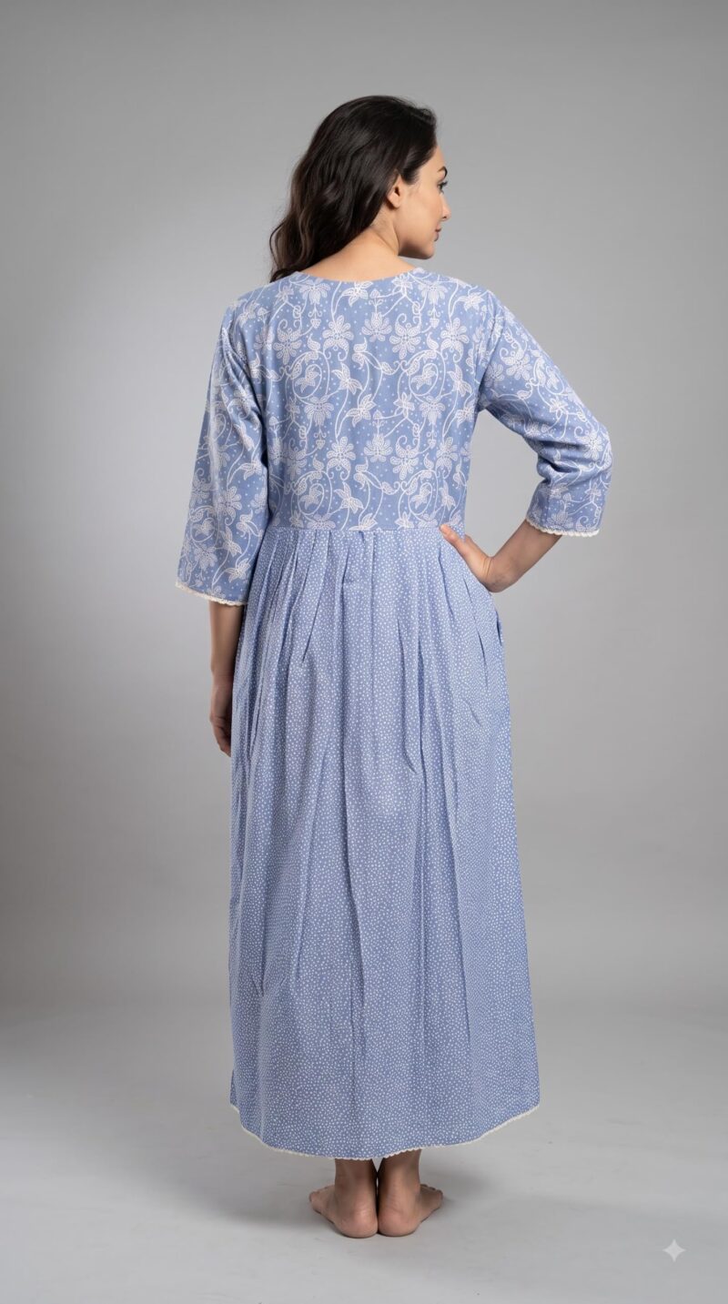 Evolove Farasha Kaftan Jalabiya Style Cotton Maxi Nighty for Women | V-Neck with Lace Trim | 3/4 Sleeves Full Length Nightdress, Light Blue, XL - Image 2