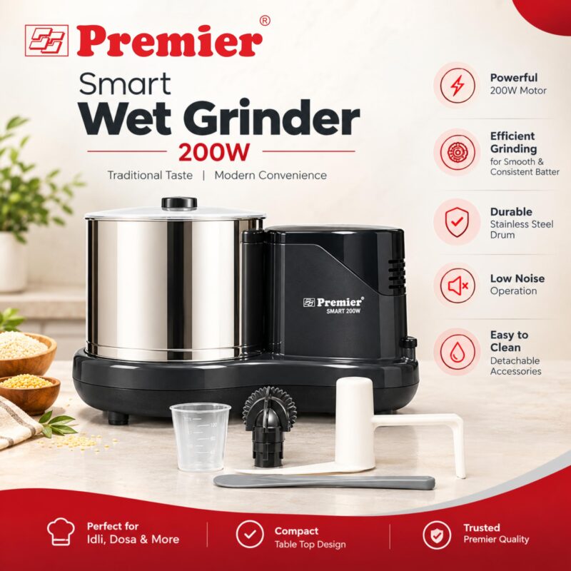 Premier Smart 2 Litre Table Top Wet Grinder 200 Watts 230V | Stainless Steel Drum | Free Coconut Scraper & Dough Kneader | 2 Stone Grinding | Easy Maintenance | 2 Years Motor Warranty | PG512 - Image 2