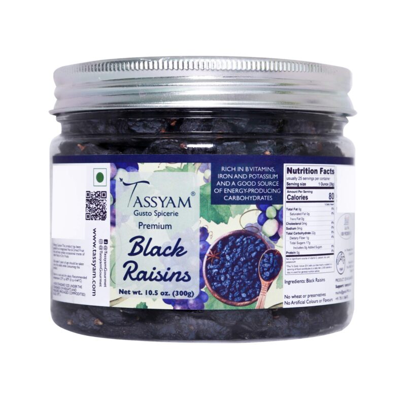 TASSYAM Premium Hand Picked Black Raisins 300Gm Jar | Healthy Natural Dry Fruits Luxury Pack Of Kali Draksh Kishmish