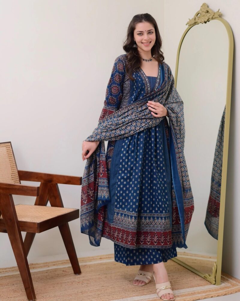 KLOSIA Women Printed Anarkali Kurta and Pant Set with Dupatta Teal Blue - Image 8