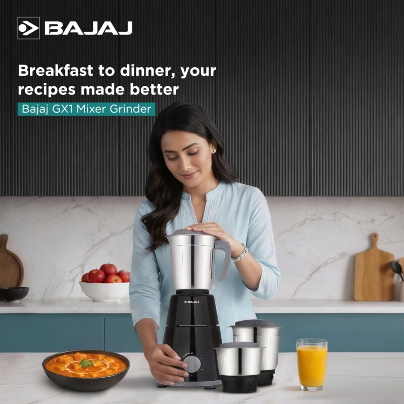 Bajaj GX-1 Mixer Grinder 500W | Superior Mixie For Kitchen | 2-In-1 For Dry Grinding | Blade Function With Titan Motor | 3 Stainless Steel Mixer Jars | 1 Year Product Warranty By Bajaj 【Black】 - Image 2