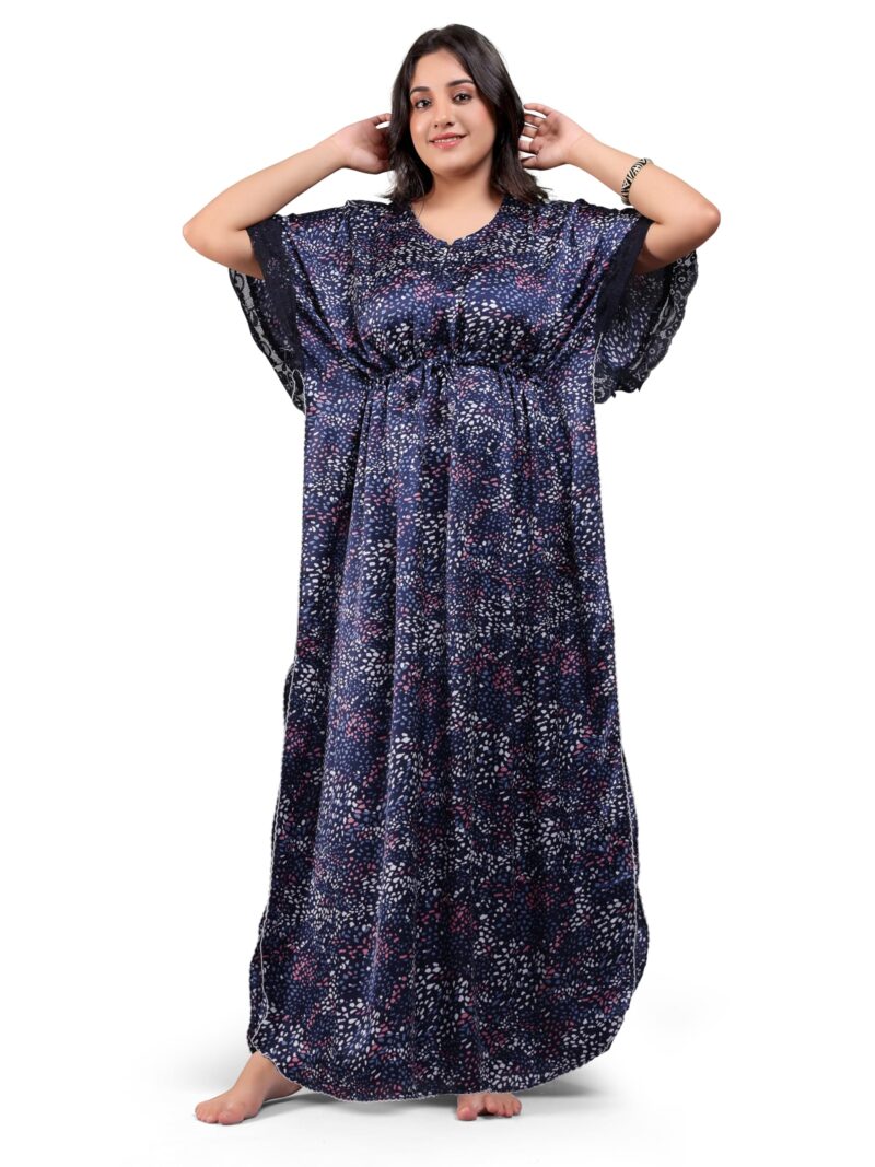 EliteZilla Kaftan Nighty| Nighty for Women Stylish| Night Gown for Women Stylish| Malai Satin Soft Fabric| Easy Front Zip| Relaxed Free Size Fit with Drawstring| Midnight Blue