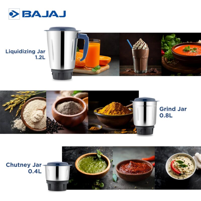 Bajaj Ninja Series Grace 500W Mixer Grinder | Mixie For Kitchen With Duracut® Blades | 2-In-1 Blade Function For Dry & Wet Grinding | 2 Mixie Jars | 5-Yr Motor Warranty 【Midnight Blue】 - Image 5