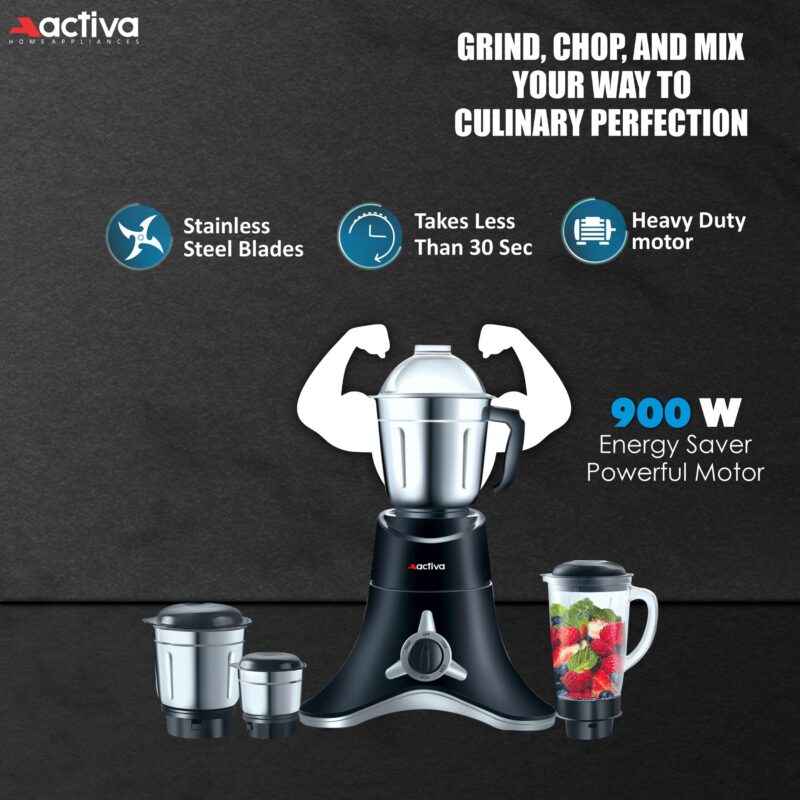 ACTIVA ABS Super Chef 900 Watts Powerful Motor Mixer Grinder 4 Jars For Chutney, Juice and Shakes, Fast Grinding for Wet & Dry Ingridients, Stainless Blade, 2 Years Warranty - Black - Image 7