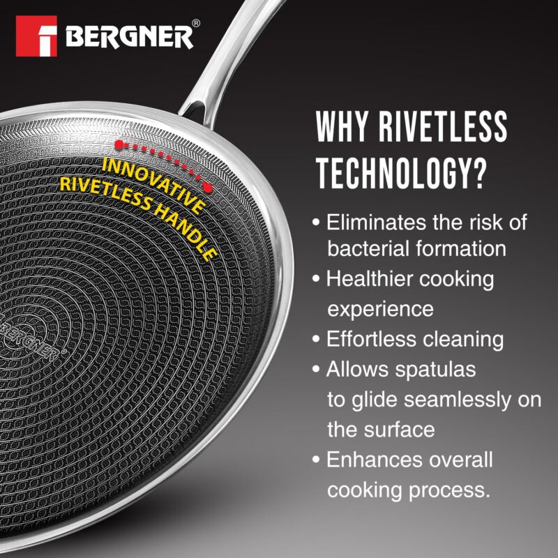 BERGNER Hi-Tech Giro Triply Stainless Steel 30cm Dosa Tawa, Honeycomb Mesh Non-Stick Coating, PFOA Free, Even Heat Distribution, Sturdy and Durable Stay Cool Handle - Induction and Gas Stove Ready - Image 4