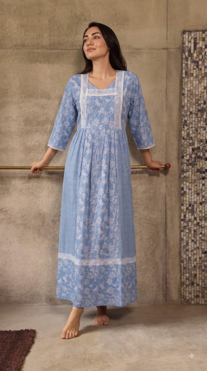 Evolove Farasha Kaftan Jalabiya Style Cotton Maxi Nighty for Women | V-Neck with Lace Trim | 3/4 Sleeves Full Length Nightdress, Light Blue, L - Image 7
