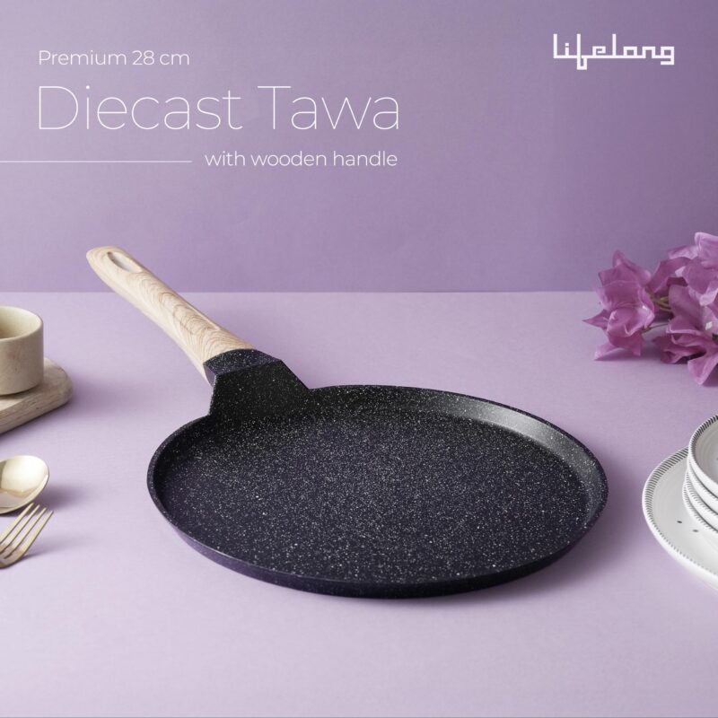 Lifelong Die-cast Flat Roti Tawa with Wooden Finish Handle & Spatula for Dosa, Chapati | 28cm, 1kg | Pre-Seasoned Non-Toxic, Non-Stick & Teflon Free, Durable | Gas & Induction Stove-Friendly (LLDCT28) - Image 3